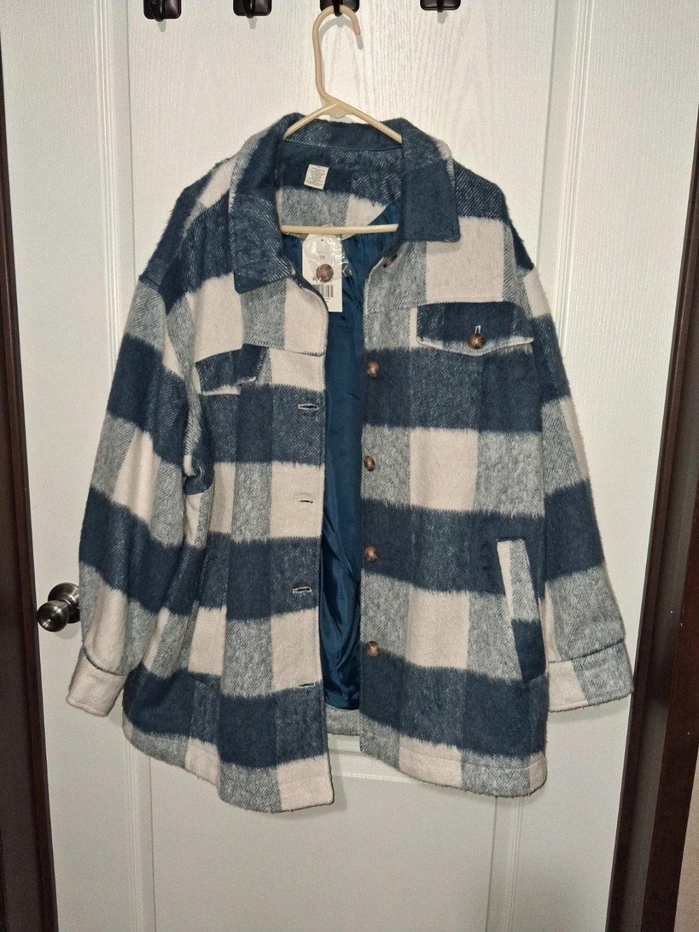 Women's Plaid Shacket Jacket - Blue & Cream